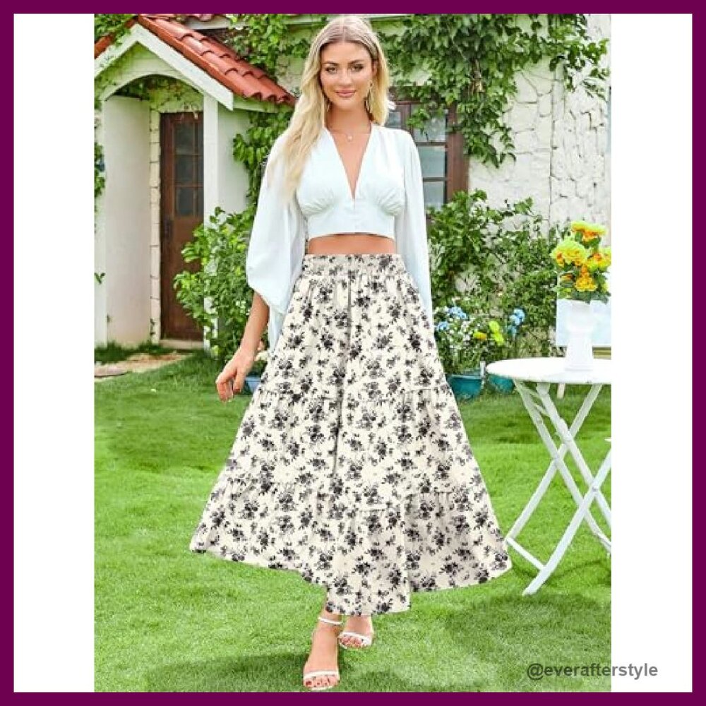 Boho Maxi Skirt Flowy Pleated Tiered High Waist Elastic A-Line Summer - Picture 4 of 8